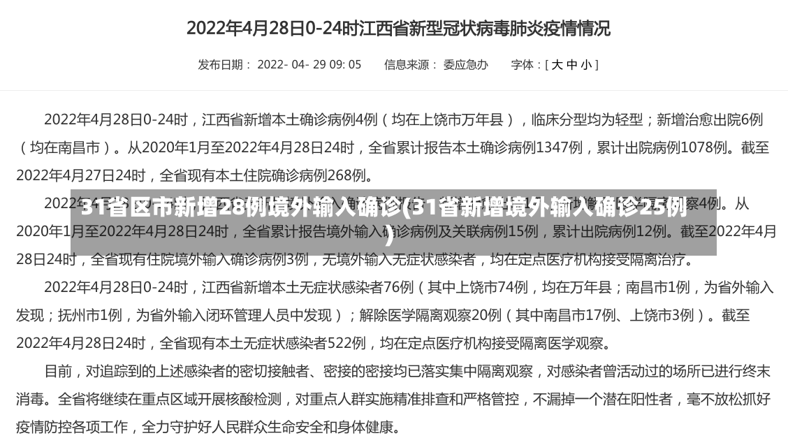 31省区市新增28例境外输入确诊(31省新增境外输入确诊25例)