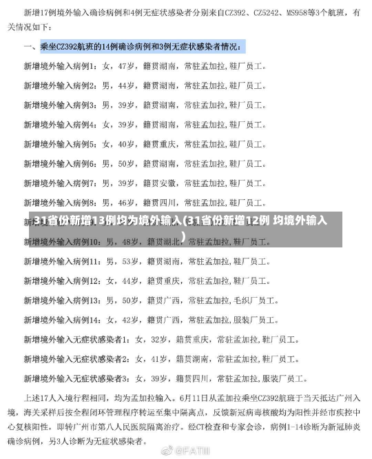 31省份新增13例均为境外输入(31省份新增12例 均境外输入)